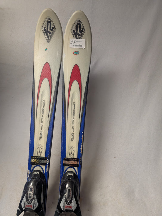 K2 FourR Triaxial Skis Juvy w/Marker M1000 Bindings Size 135 Cm Color Blue Used